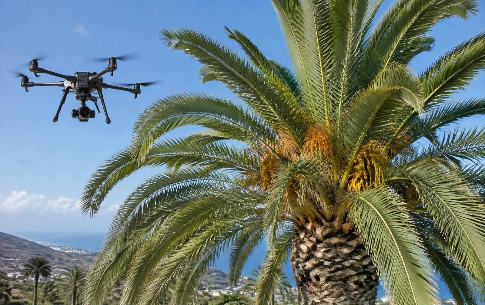 Drone inspectant la couronne d'un grand palmier
