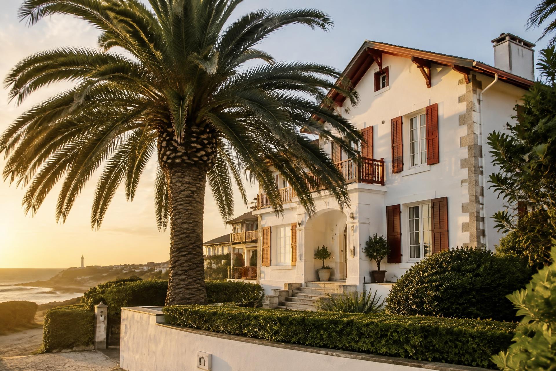 Grand Phoenix canariensis devant une villa de la Côte basque au coucher du soleil